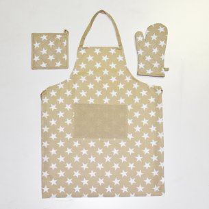 Set de Delantal + Agarrador + Manopla beige con estrellas...