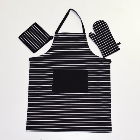 Set apron + pot holder + glove in black with white stripes