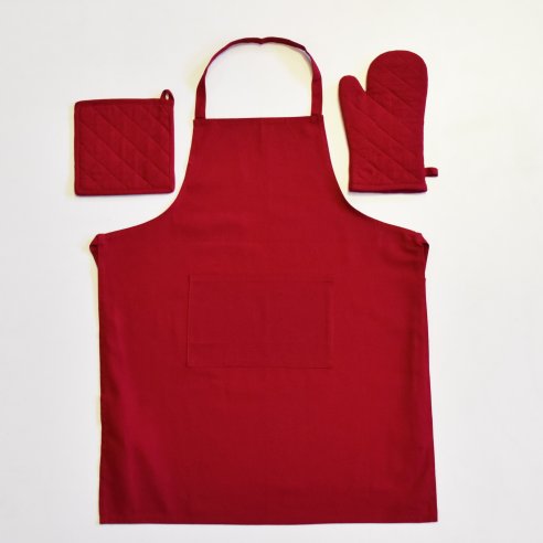 Set apron + pot holder + glove in burgundy