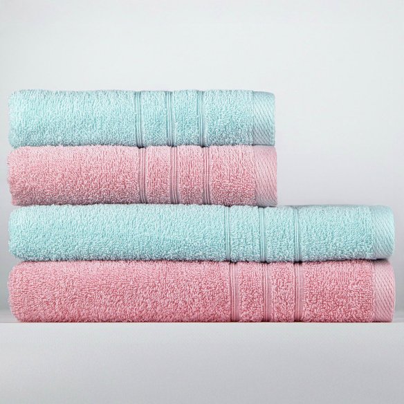 Juego de 4 Toallas Rosa y Azul Celadón 100% Algodón
