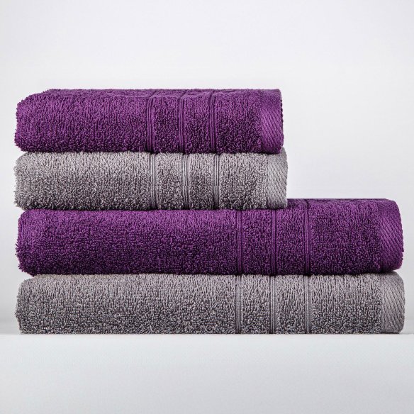 Juego de 4 Toallas Gris Antracita y Berenjena 100% Algodón