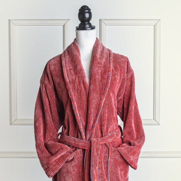 Albornoz de terciopelo coral y gris a rayas de algodón 100%